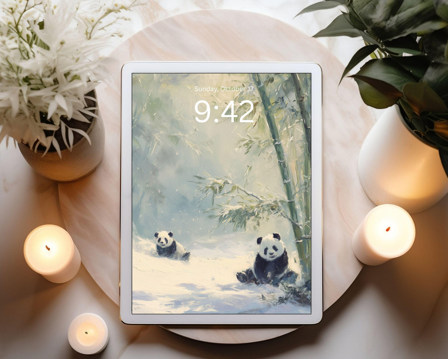 Pandas Desktop Wallpaper Set, Winter Phone Wallpaper, Cute Animals iPhone Wallpaper, Aesthetic iPad Background Vintage Style | WS166