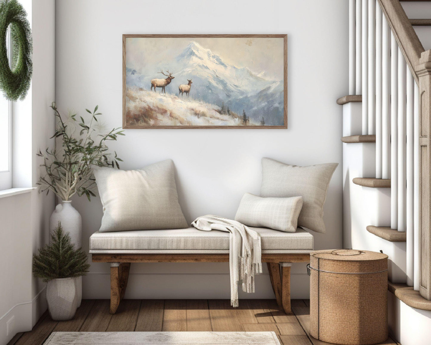 FRAME TV art Elk in Winter Landscape, Samsung Frame TV Art Vintage Style Deer Painting | TV1094