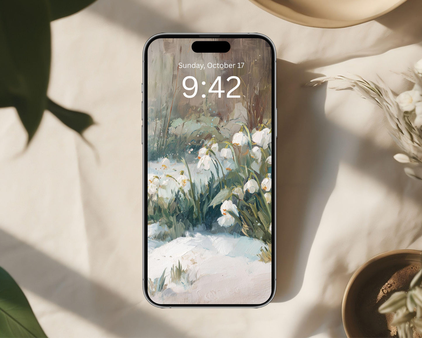 Snow Drops Phone Wallpaper, Winter Garden iPhone Wallpaper, Floral Samsung Galaxy Phone Background, Vintage Style Flowers | WP162