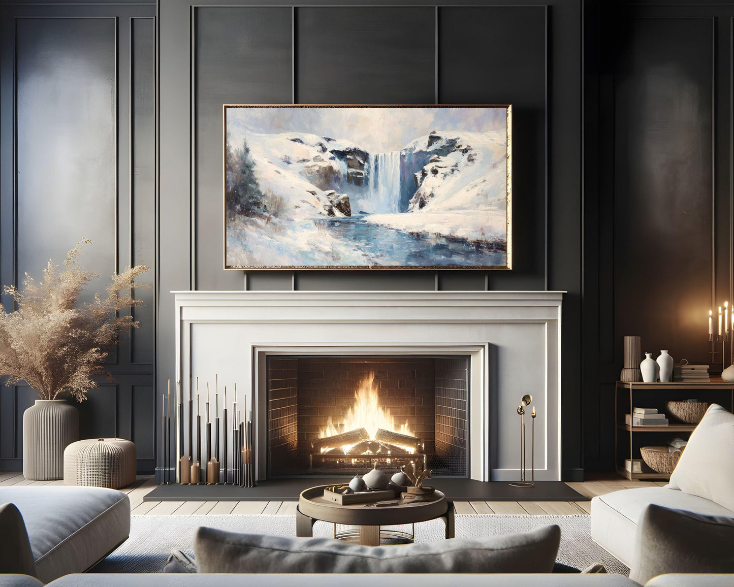 FRAME TV art Winter Waterfall, Samsung Frame TV art Iceland Landscape, Vintage Style Nature Painting | TV1106