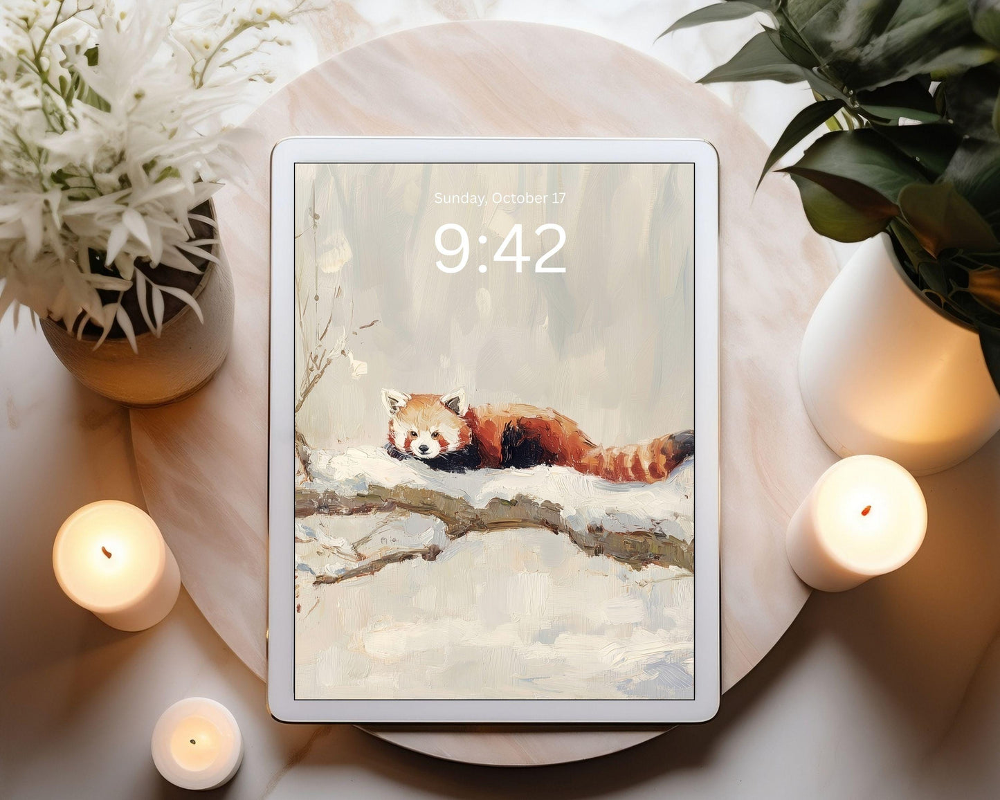 Red Panda Desktop Wallpaper Set, Winter Phone Wallpaper, Cute Animal iPhone Wallpaper, Aesthetic iPad Background Vintage Style | WS168