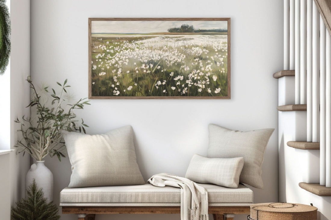 White wildflower Frame TV art in a farmhouse nook