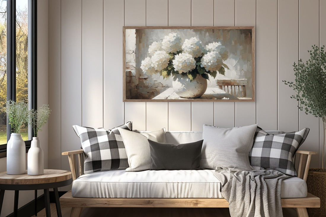 White hydrangeas Frame TV art in a sunroom