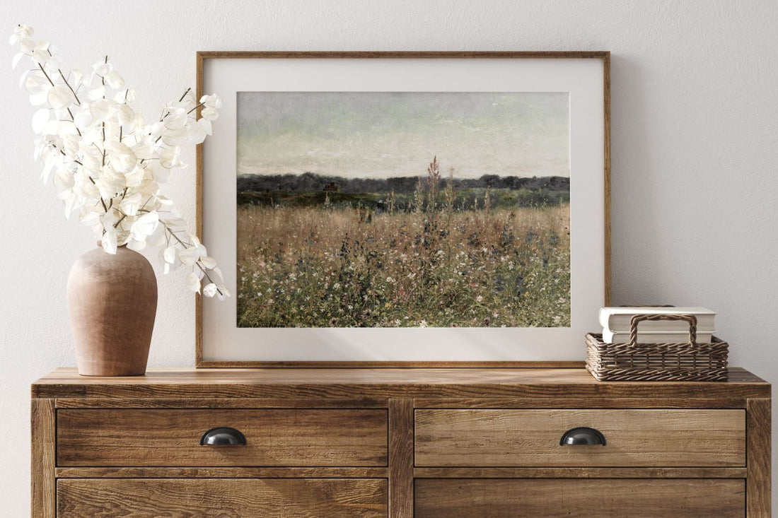 Wildflower field printable wall art on a dressing table