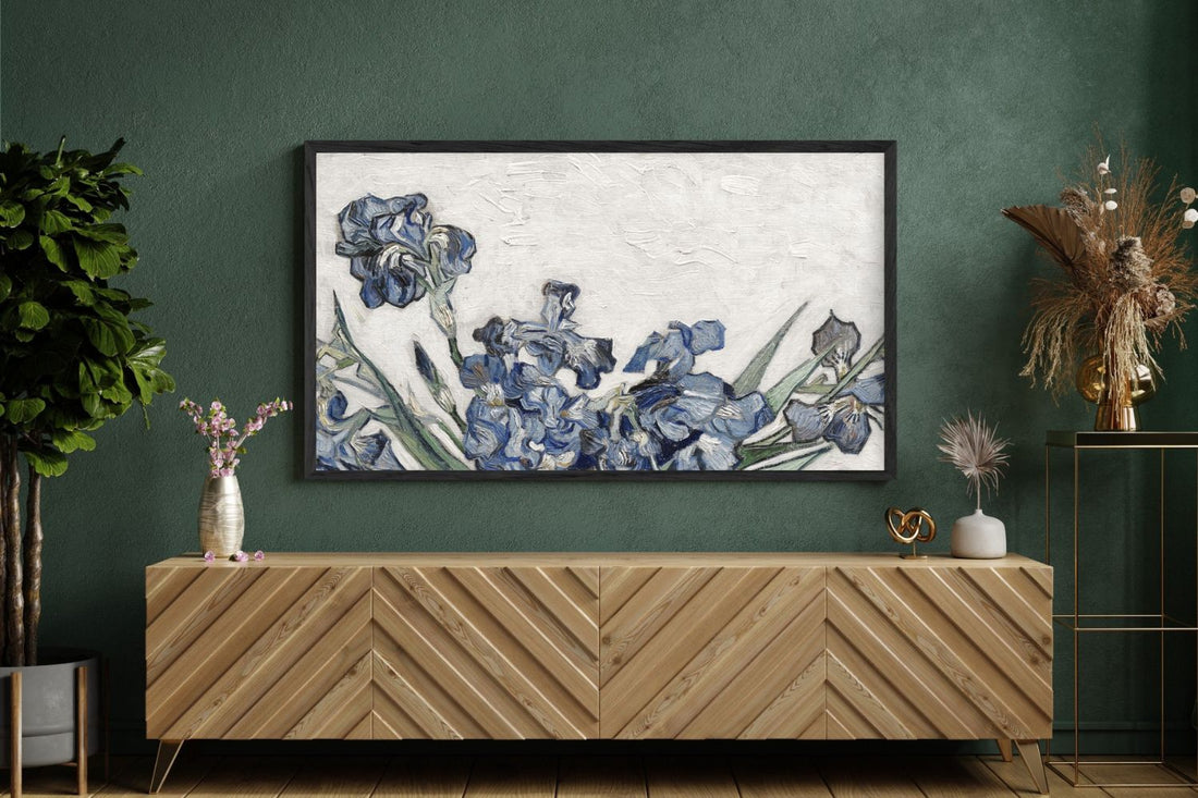 Blue irises Frame TV art in a living room