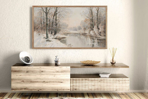 Winter stream Frame TV art in a living room