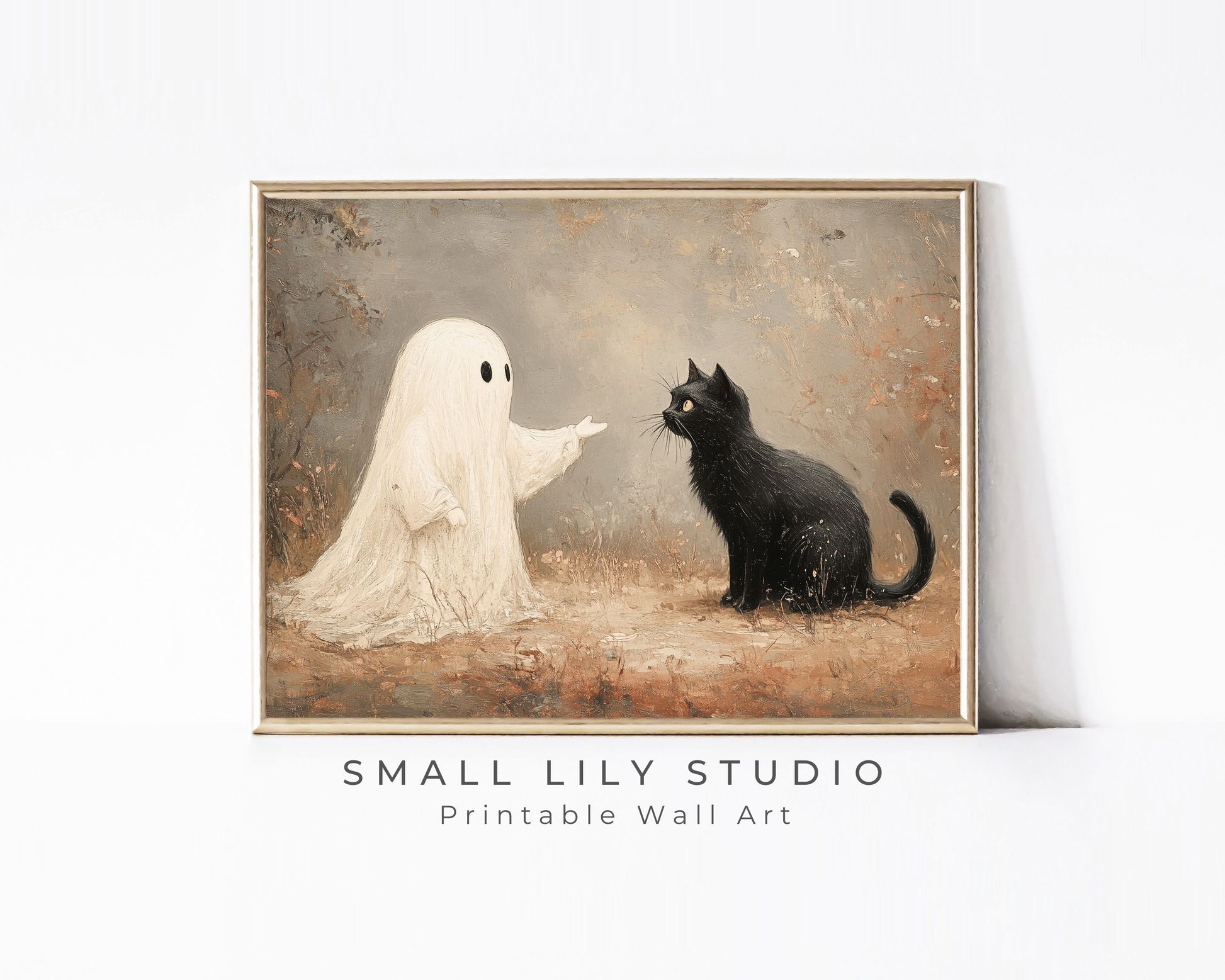 PRINTABLE Halloween Ghost and Black Cat Print, Moody Vintage Style Halloween Wall Art, Spooky Halloween Home Decor Oil Painting | P096