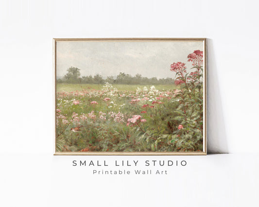 PRINTABLE Pink Wildflowers Wall Art, Vintage painting field of flowers print, Spring floral landscape print, Instant digital download | P054