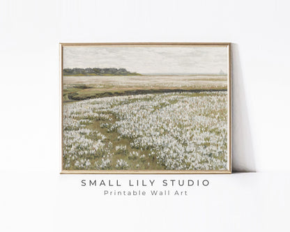 PRINTABLE Vintage Spring Meadow print, Summer landscape print, Country farmhouse wall art, White wildflowers print digital download | P031