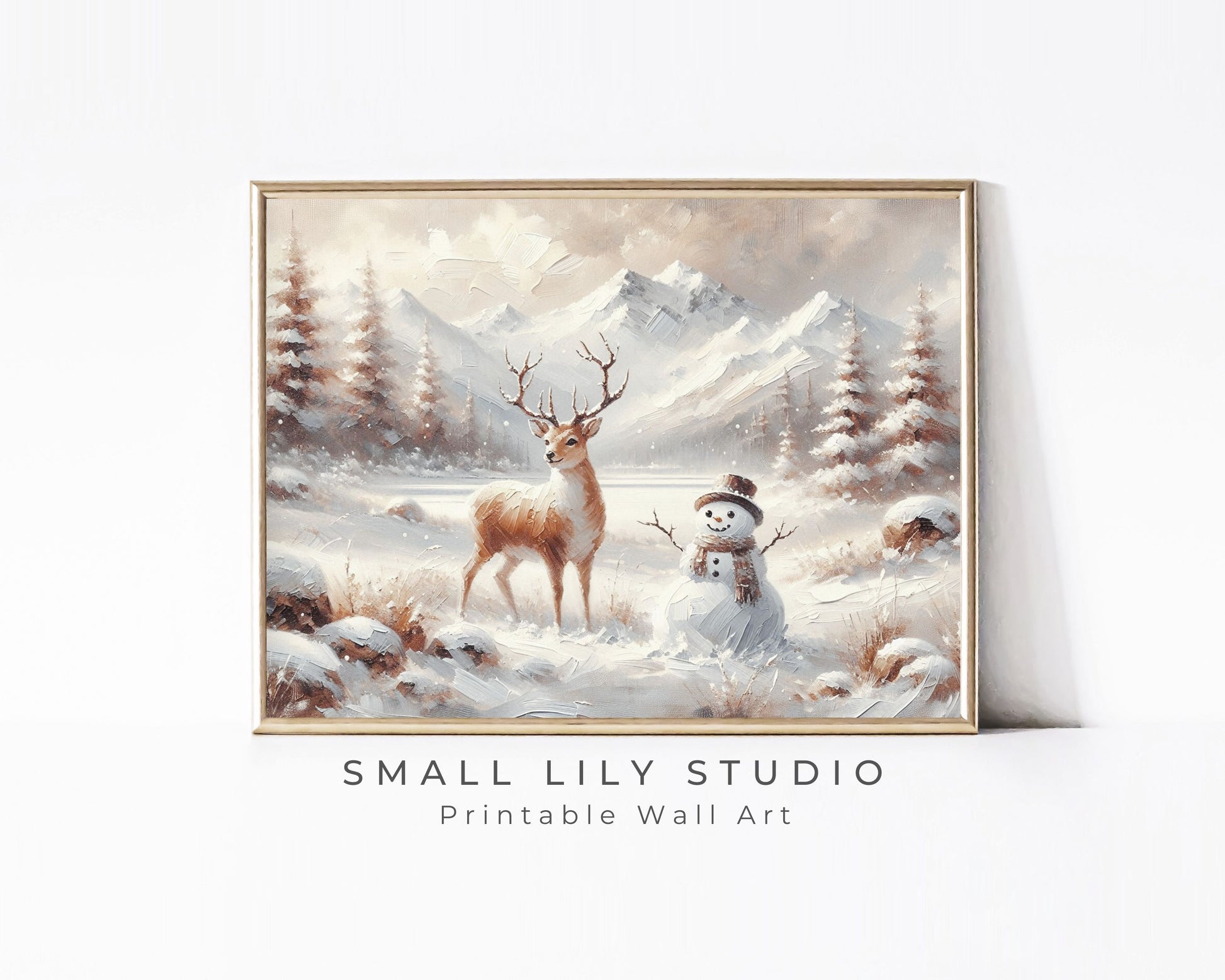 PRINTABLE Deer and Snowman Print, Cute Christmas Wall Art for Kids Room, Neutral Festive Winter Landscape Painting Whimsical Picture | P107