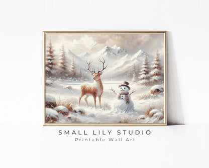 PRINTABLE Deer and Snowman Print, Cute Christmas Wall Art for Kids Room, Neutral Festive Winter Landscape Painting Whimsical Picture | P107