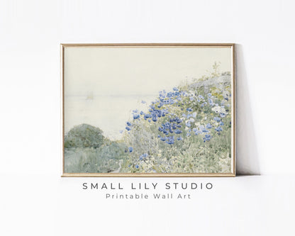 PRINTABLE Blue Wildflowers Art Print, Summer coastal floral wall art, Vintage watercolor painting blue green print, Digital download | P048