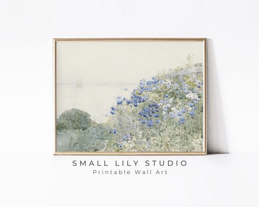 PRINTABLE Blue Wildflowers Art Print, Summer coastal floral wall art, Vintage watercolor painting blue green print, Digital download | P048