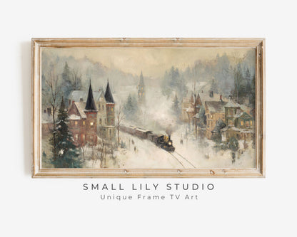 Train in Winter Town Frame TV Art