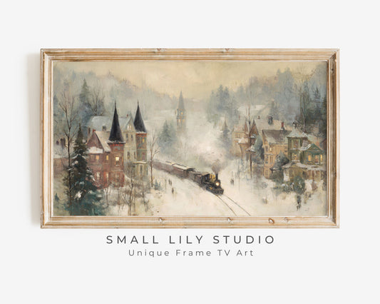 Train in Winter Town Frame TV Art