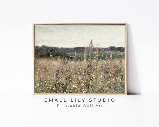 PRINTABLE Summer Wildflower Field Print, Vintage painting Spring meadow printable wall art, Rustic print country farmhouse wall art | P030