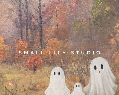 Halloween Ghost Family in Fall Landscape Printable Wall Art