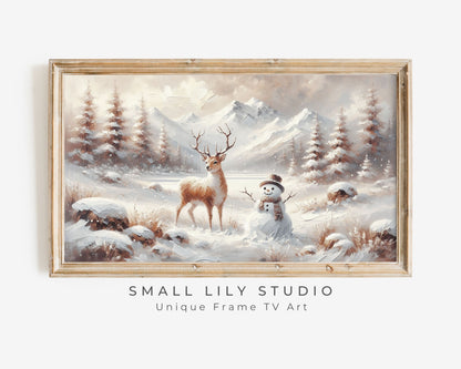 Snowman and Deer in Winter Landscape Frame TV Art