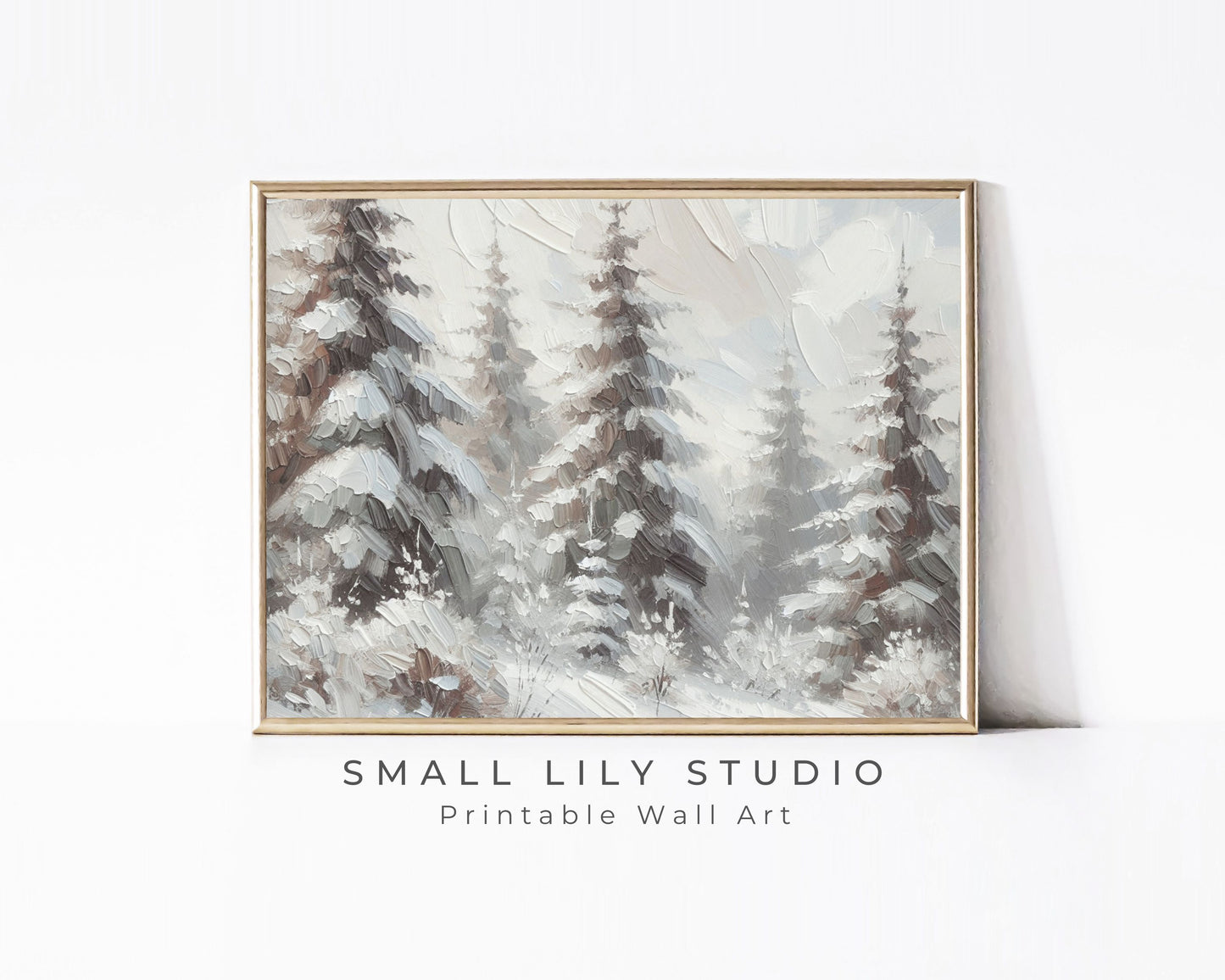 PRINTABLE Winter Forest Print, Vintage Style Pine Trees Wall Art, Neutral Winter Landscape Textured Painting Farmhouse Home Decor | P099