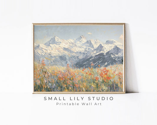 PRINTABLE Alps and Wildflowers Print, Vintage Style Winter Floral Wall Art, Textured Spring landscape painting Swiss Mountains | P097