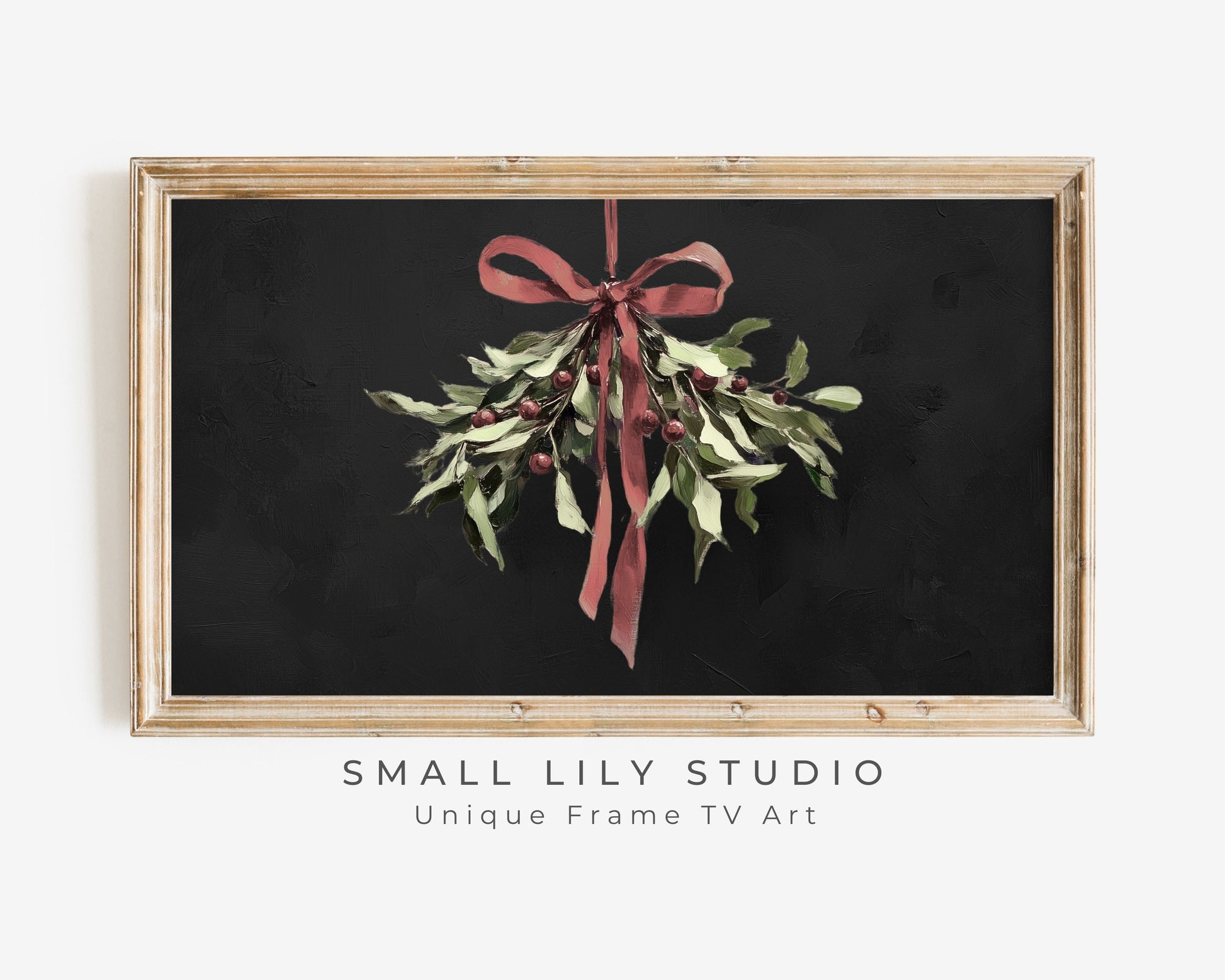 Christmas FRAME TV art Mistletoe with Red Bow, Samsung Frame tv art vintage style still life painting, Red green black Xmas art | TV549