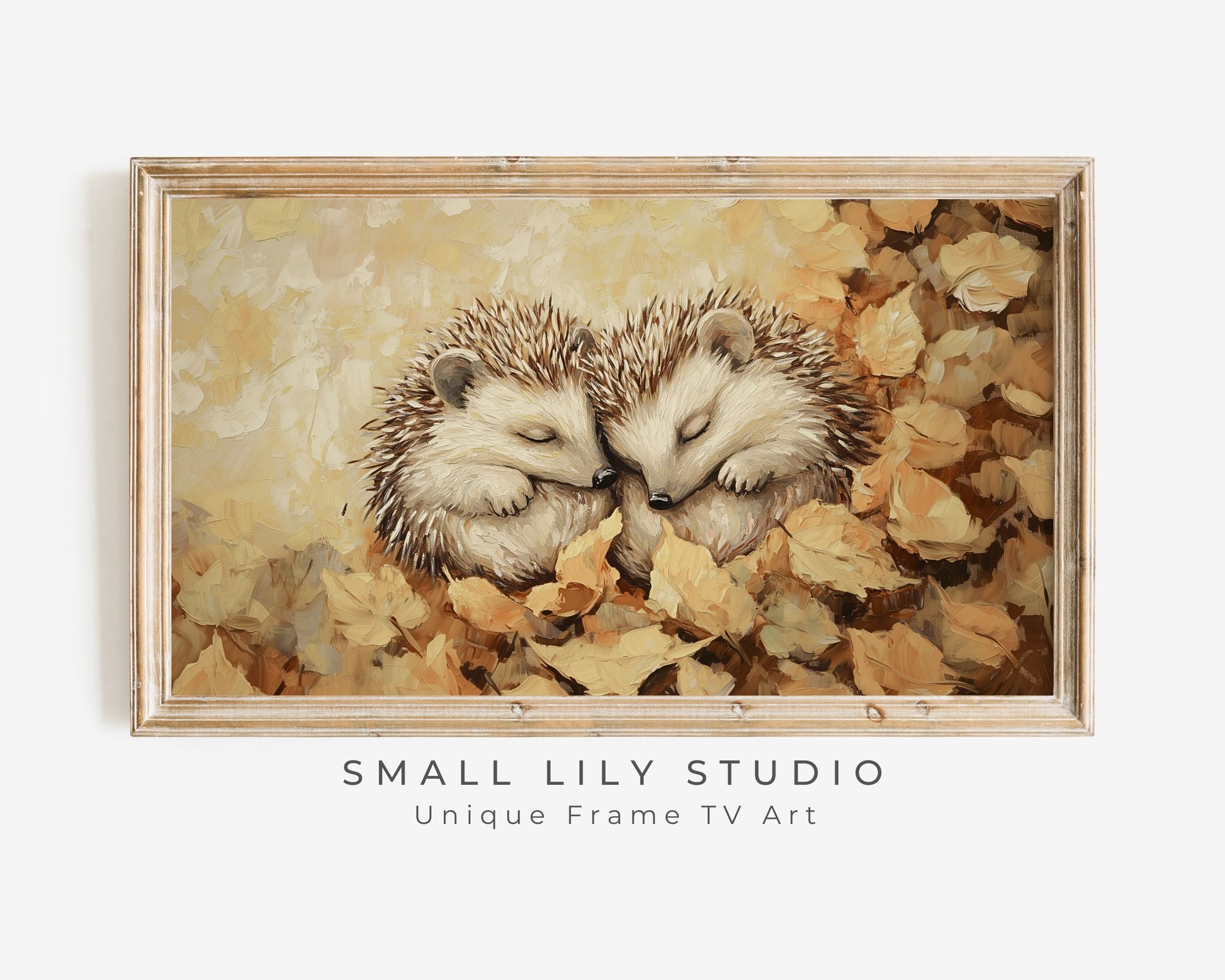 Hedgehog Couple Sleeping in Fall Leaves Frame TV Art