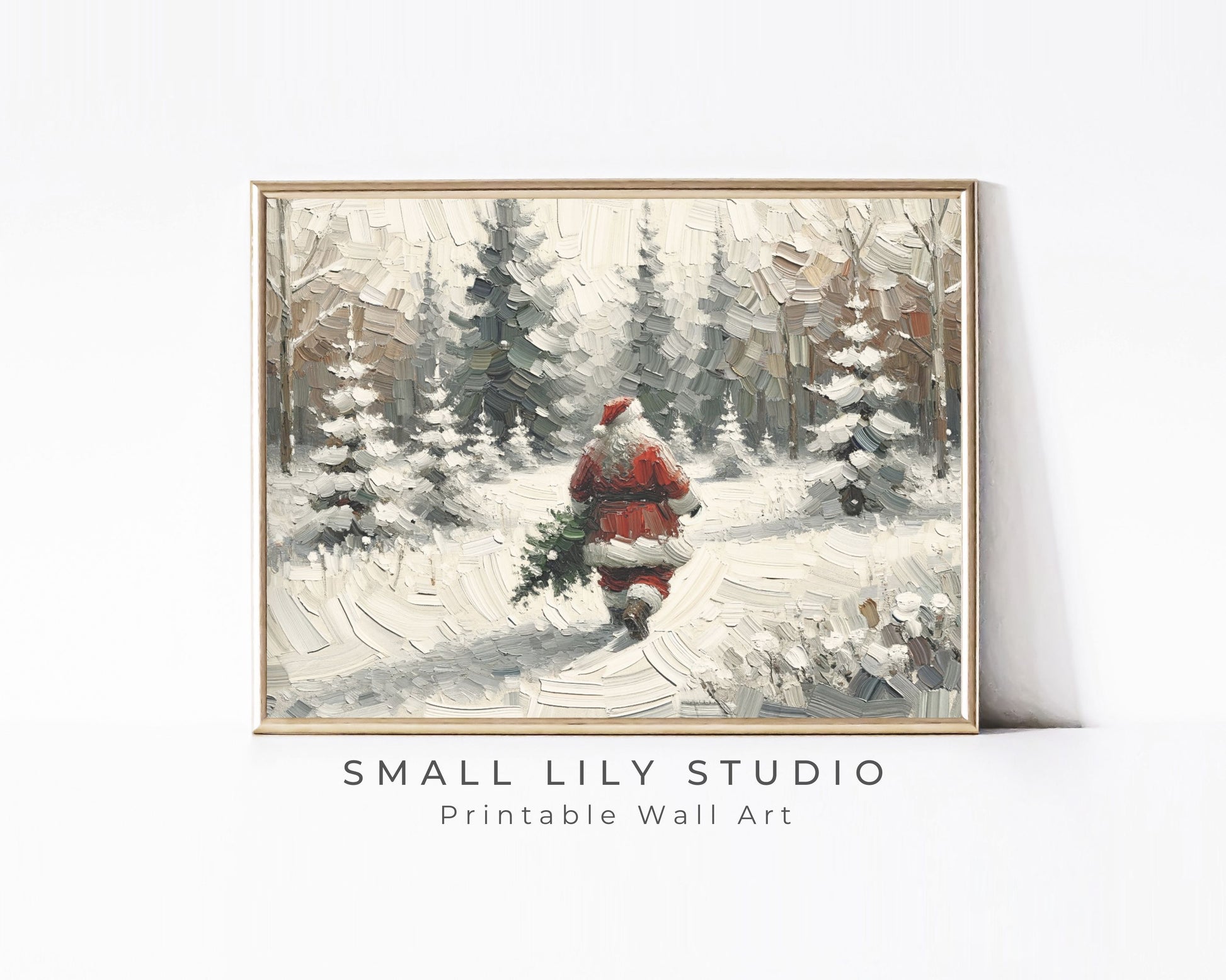 PRINTABLE Santa Walking in Snow Print, Vintage Style Xmas Wall Art for kids, Neutral white winter landscape textured painting | P095