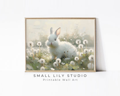 White Bunny in Dandelions Printable Wall Art