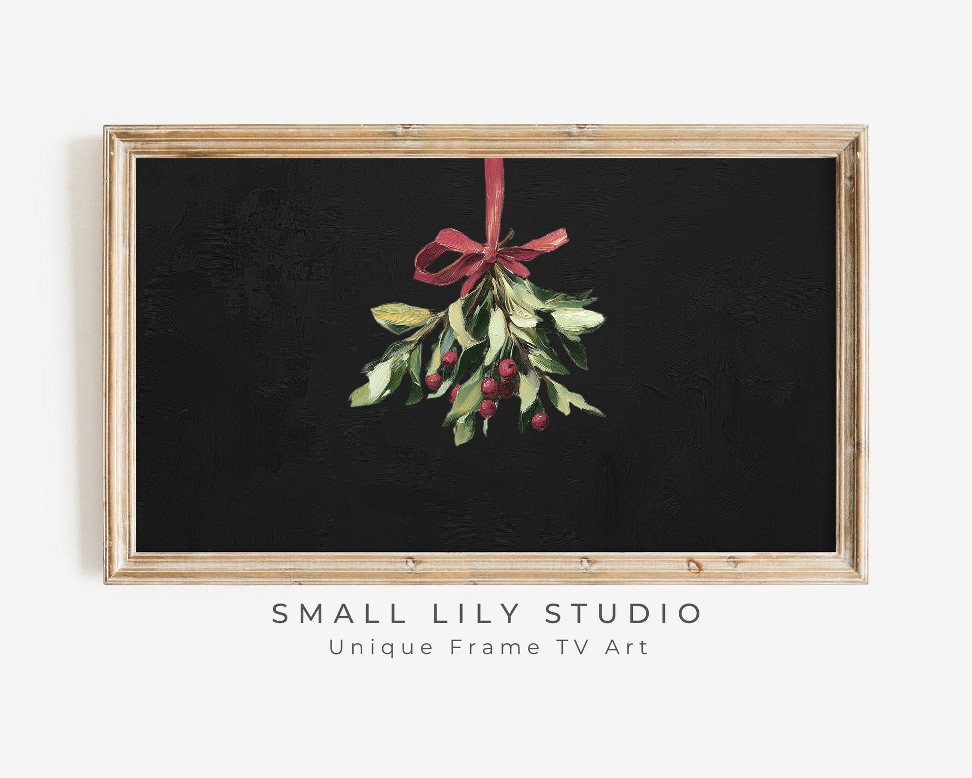 Christmas FRAME TV art Mistletoe with Red Bow, Samsung Frame tv art vintage style still life painting, Red green black cute Xmas art | TV548