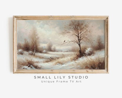 Bird in Winter Landscape Neutral Frame TV Art