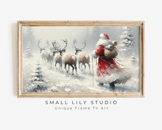 Santa Walking with Reindeer Christmas Frame TV Art