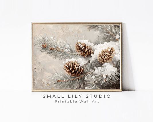 PRINTABLE Pinecones Print, Vintage Style Wall Art Tree Branch in Snow, Neutral Winter Painting Modern Organic Farmhouse Home Decor | P101