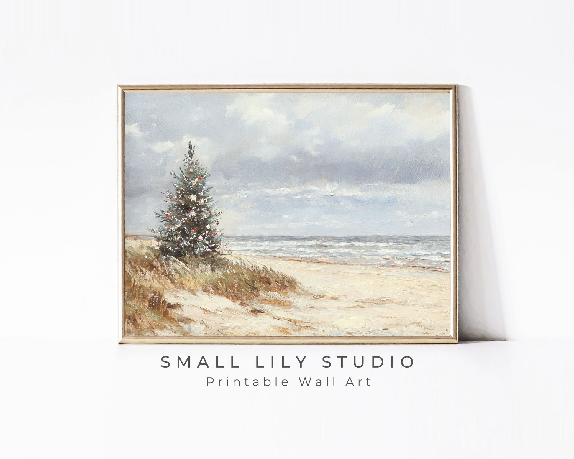 PRINTABLE Coastal Christmas Print, Wall Art Christmas Tree on Beach Vintage Style Painting, Seaside ocean print beach house wall art | P103