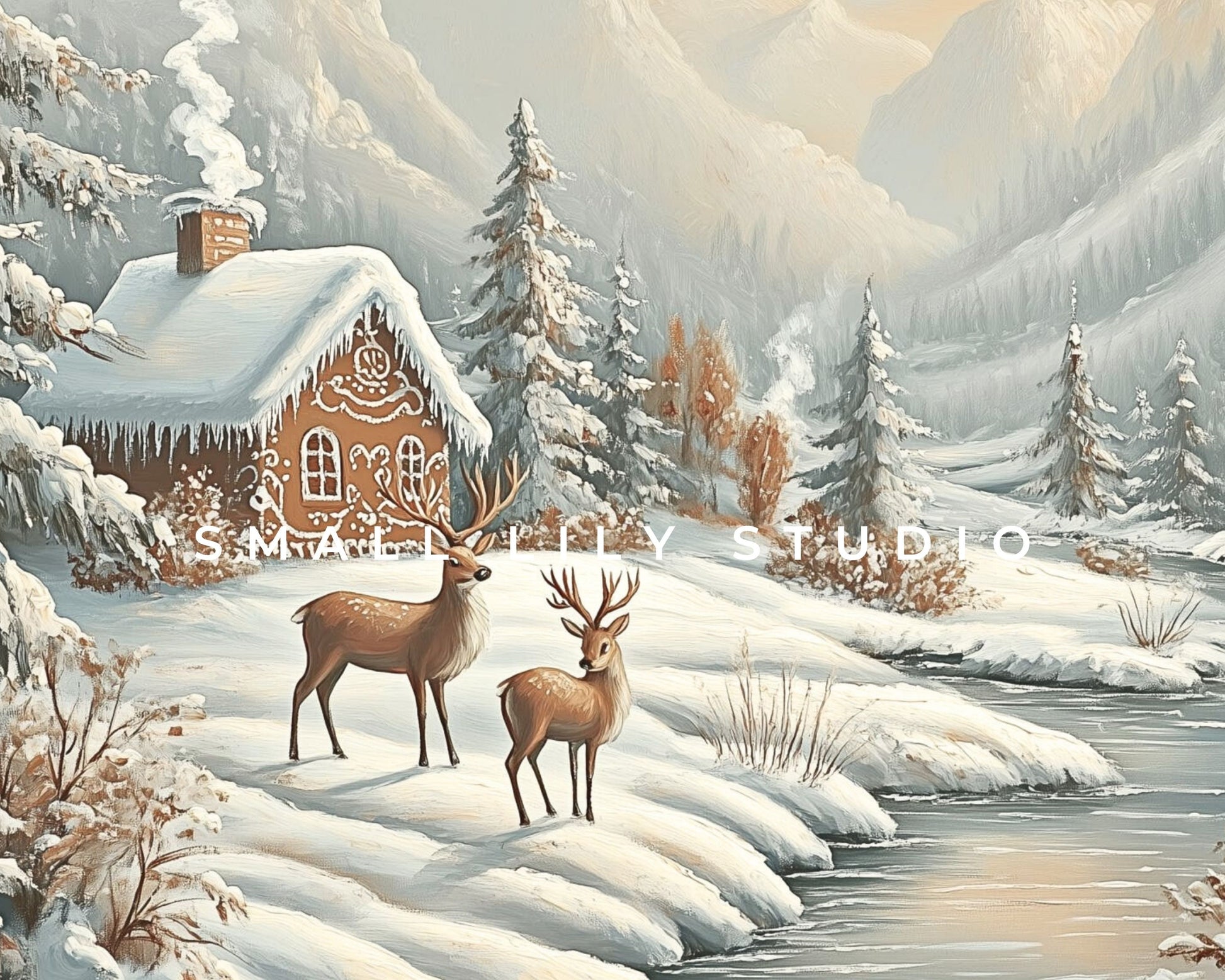 Deer and Gingerbread House Christmas Frame TV Art