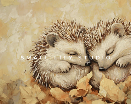 Hedgehog Couple Sleeping in Fall Leaves Frame TV Art