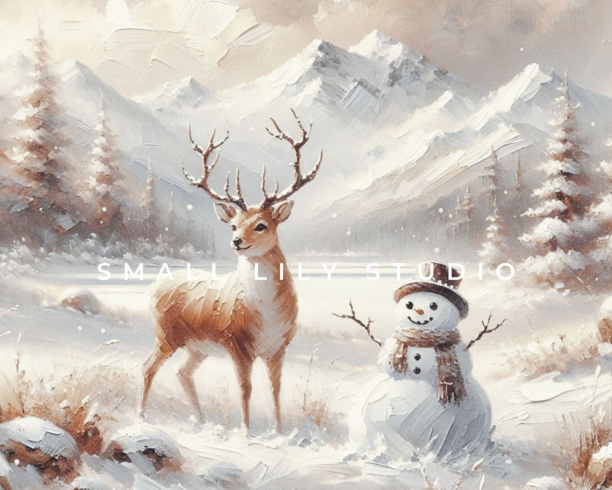 Snowman and Deer in Winter Landscape Frame TV Art