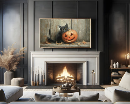 Halloween Black Cat and Pumpkin Frame TV Art