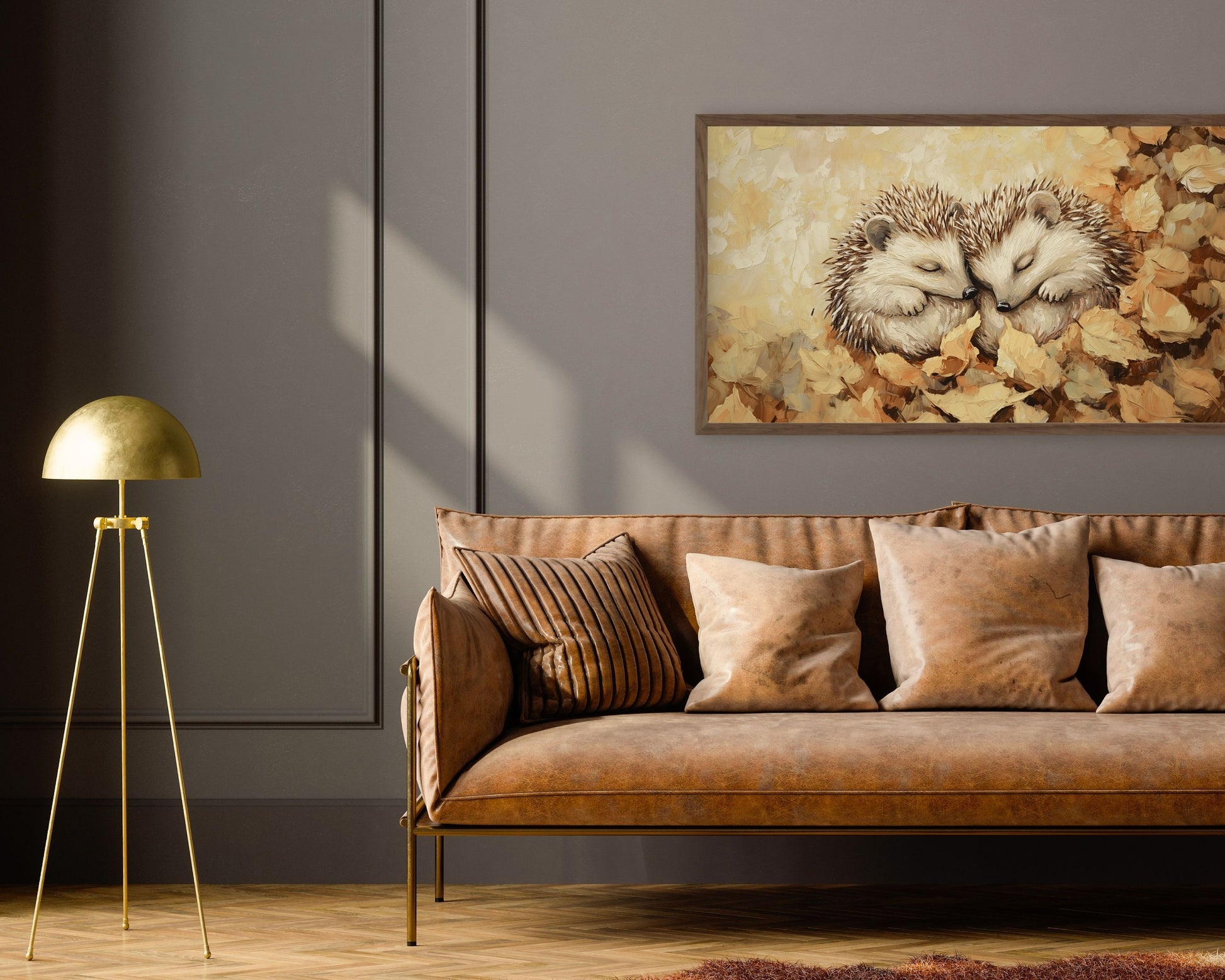 Hedgehog Couple Sleeping in Fall Leaves Frame TV Art