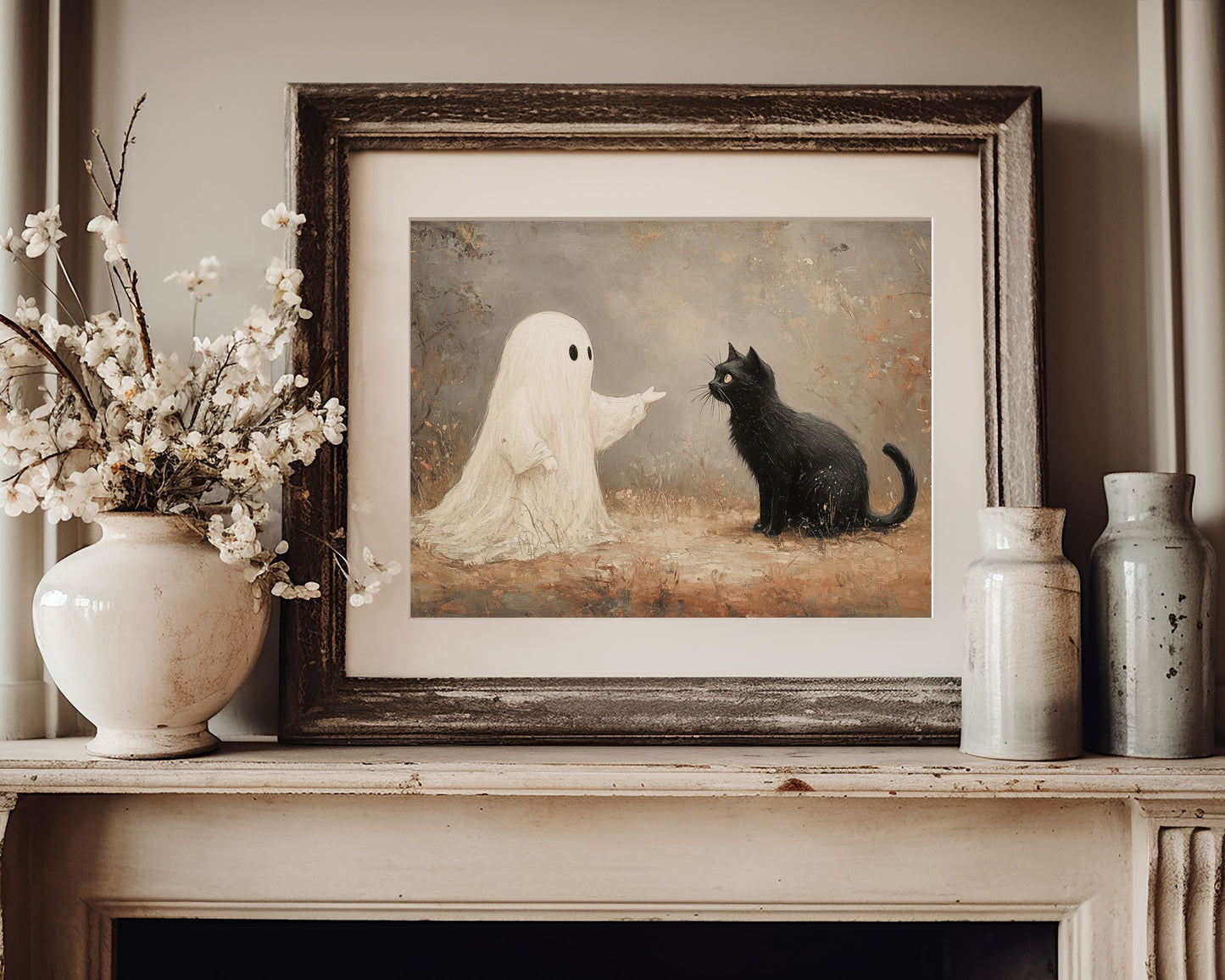 PRINTABLE Halloween Ghost and Black Cat Print, Moody Vintage Style Halloween Wall Art, Spooky Halloween Home Decor Oil Painting | P096