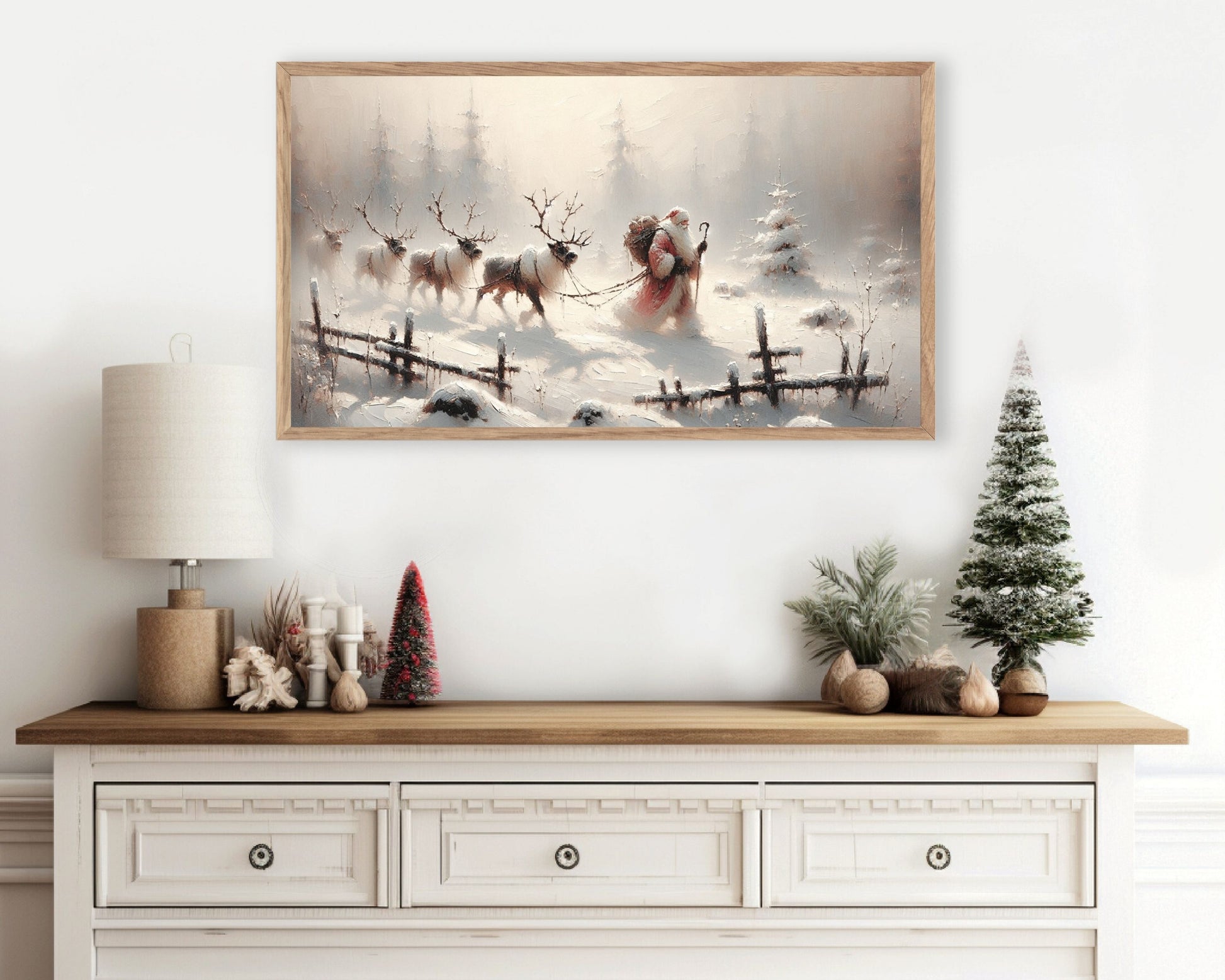 Santa Leading Reindeer Christmas Frame TV Art