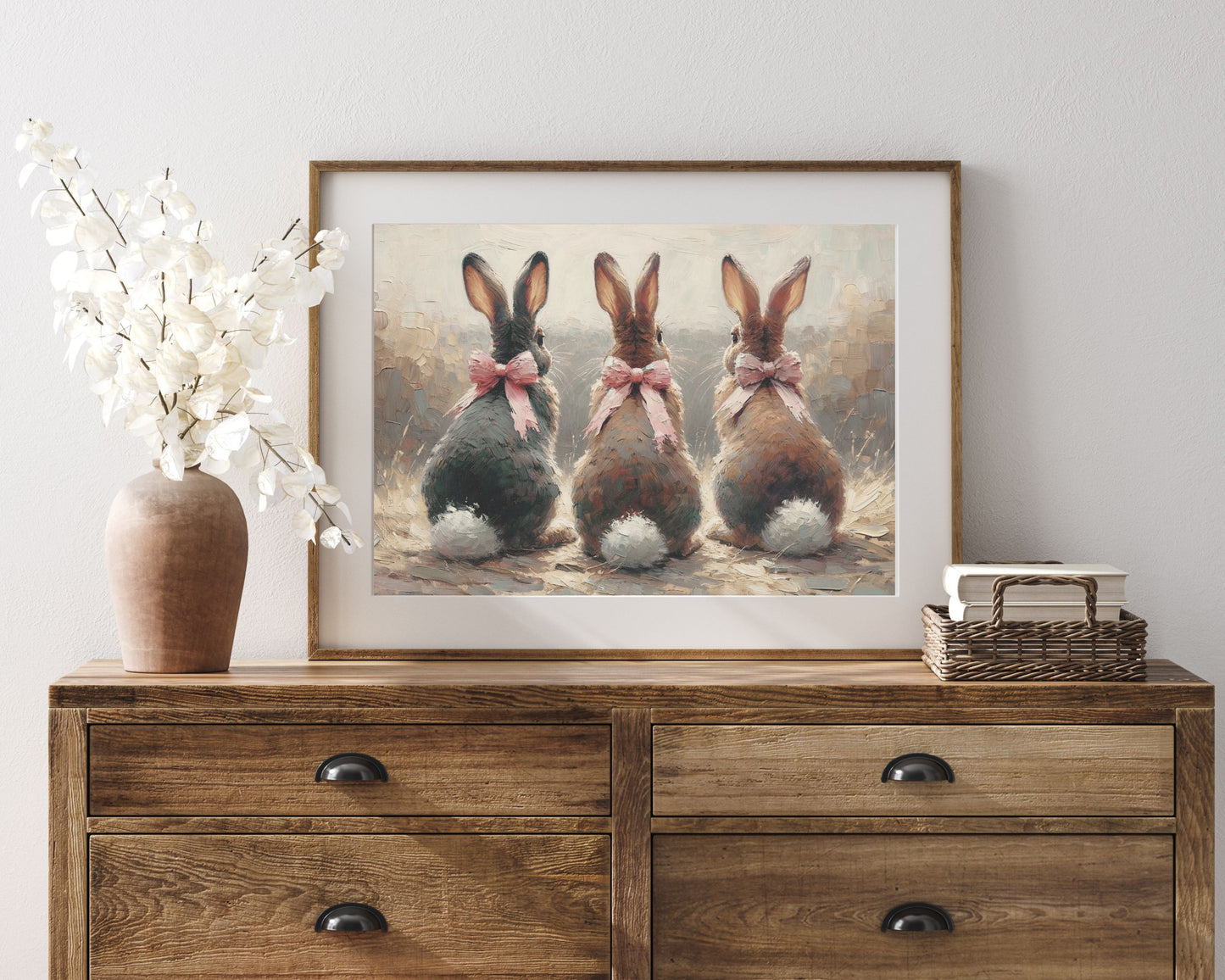 PRINTABLE Wall Art Bunnies with Pink Bows Print, Neutral farmhouse vintage style wall art Easter, Cute rabbit print kids room nursery | P057