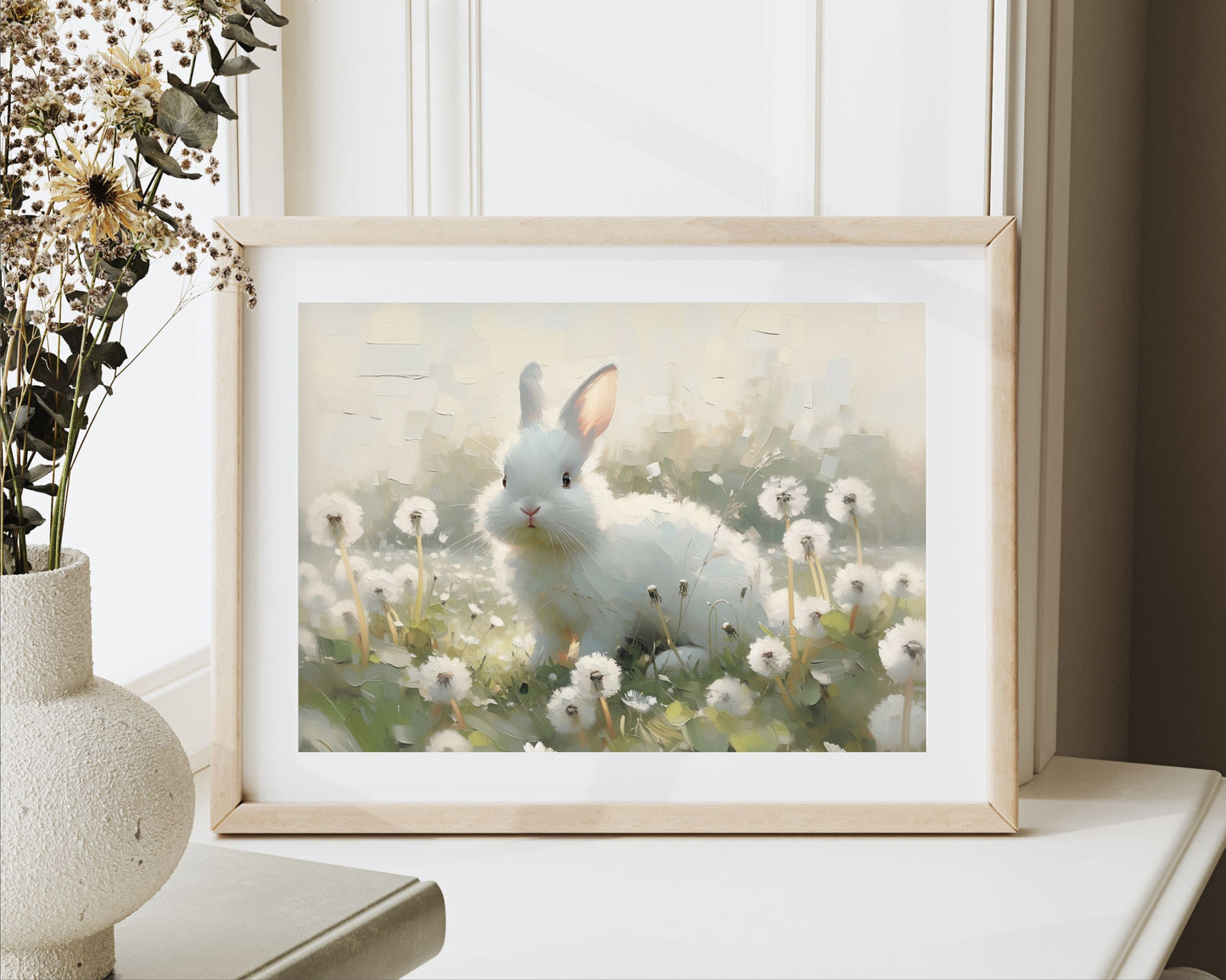 White Bunny in Dandelions Printable Wall Art