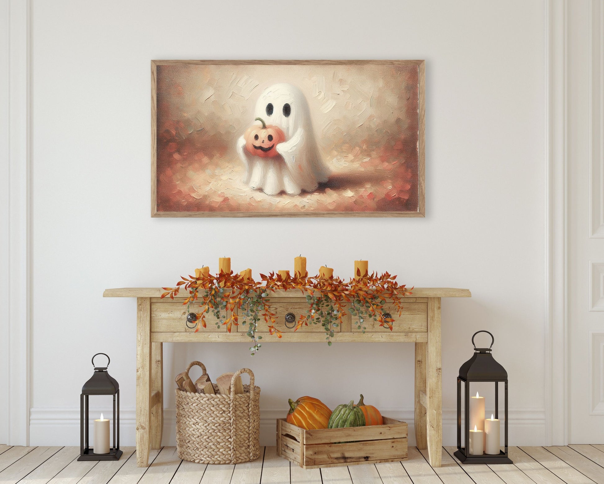 Halloween Ghost Holding Pumpkin Frame TV Art