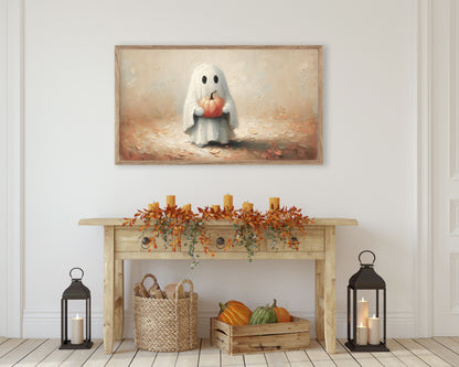 Cute Ghost Holding Pumpkin Halloween Frame TV Art