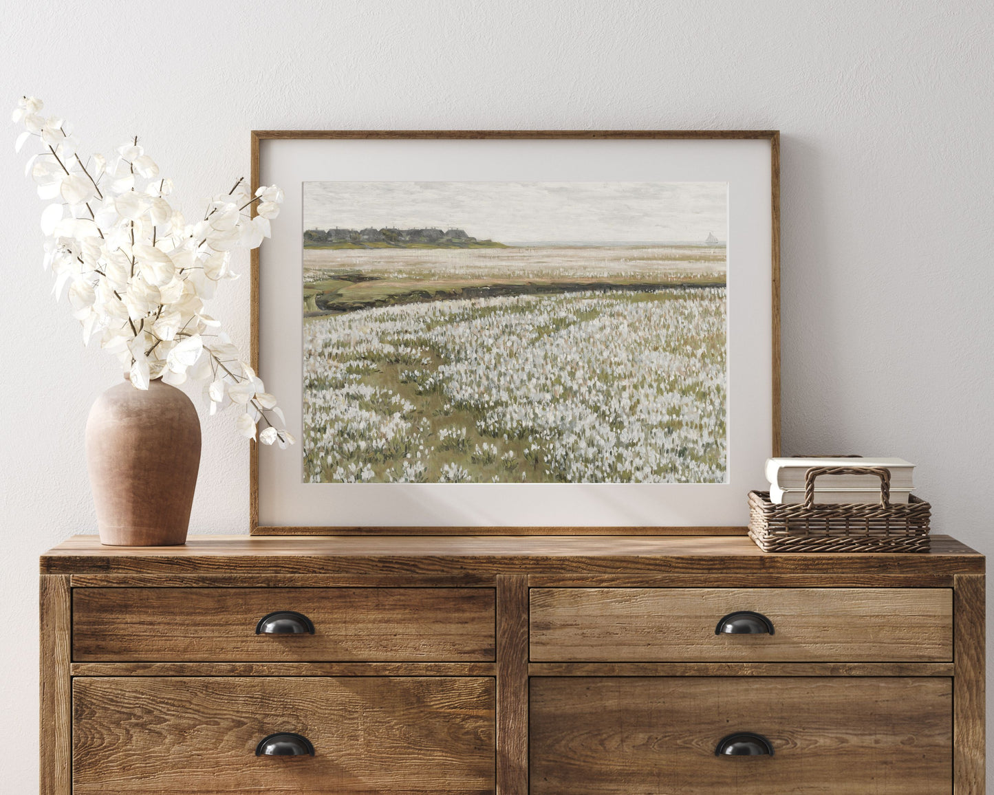 PRINTABLE Vintage Spring Meadow print, Summer landscape print, Country farmhouse wall art, White wildflowers print digital download | P031