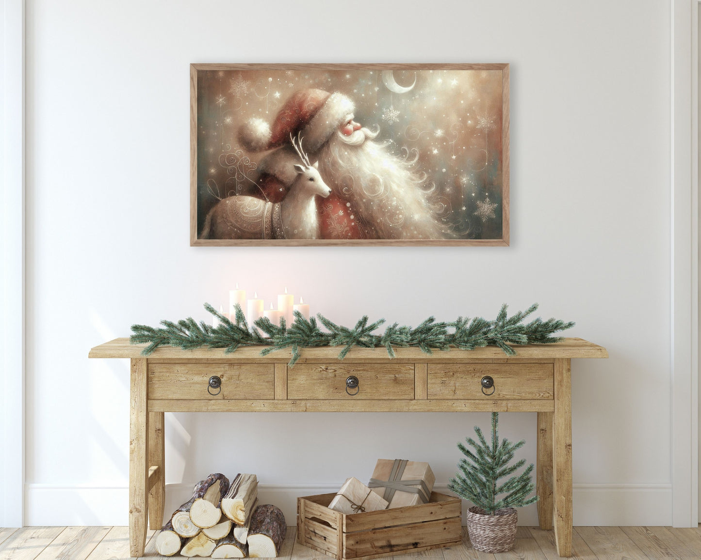 Santa and Deer Whimsical Christmas Frame TV Art