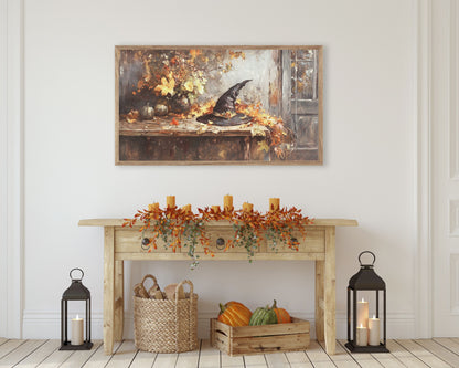 Witch's Hat in Fall Leaves Halloween Frame TV Art