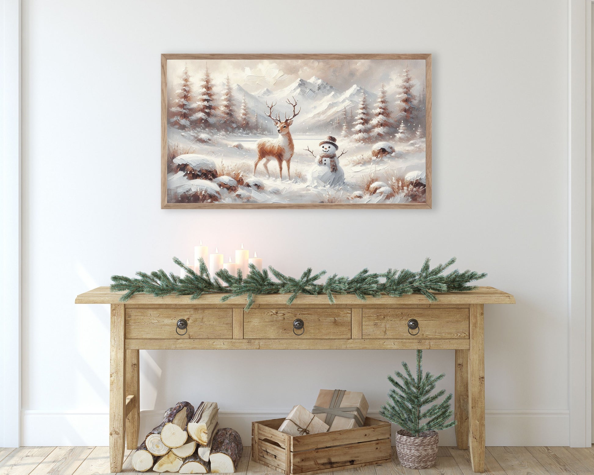 Snowman and Deer in Winter Landscape Frame TV Art