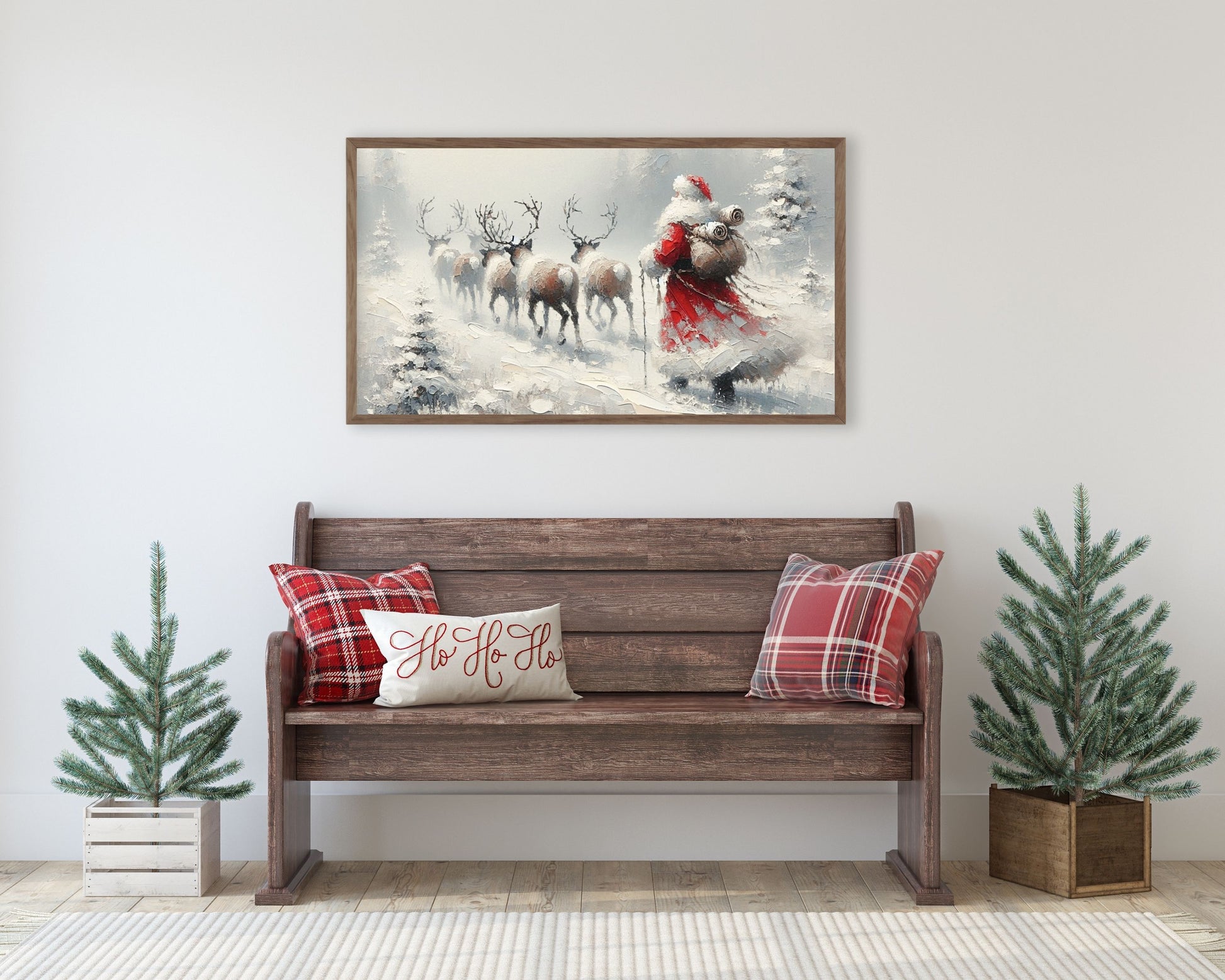 Santa Walking with Reindeer Christmas Frame TV Art