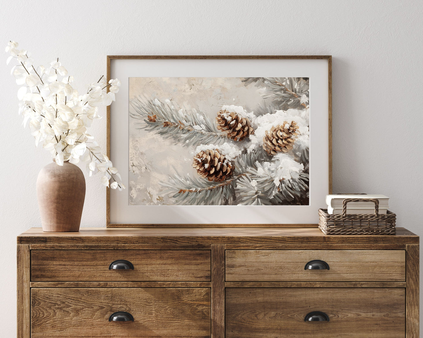 PRINTABLE Pinecones Print, Vintage Style Wall Art Tree Branch in Snow, Neutral Winter Painting Modern Organic Farmhouse Home Decor | P101